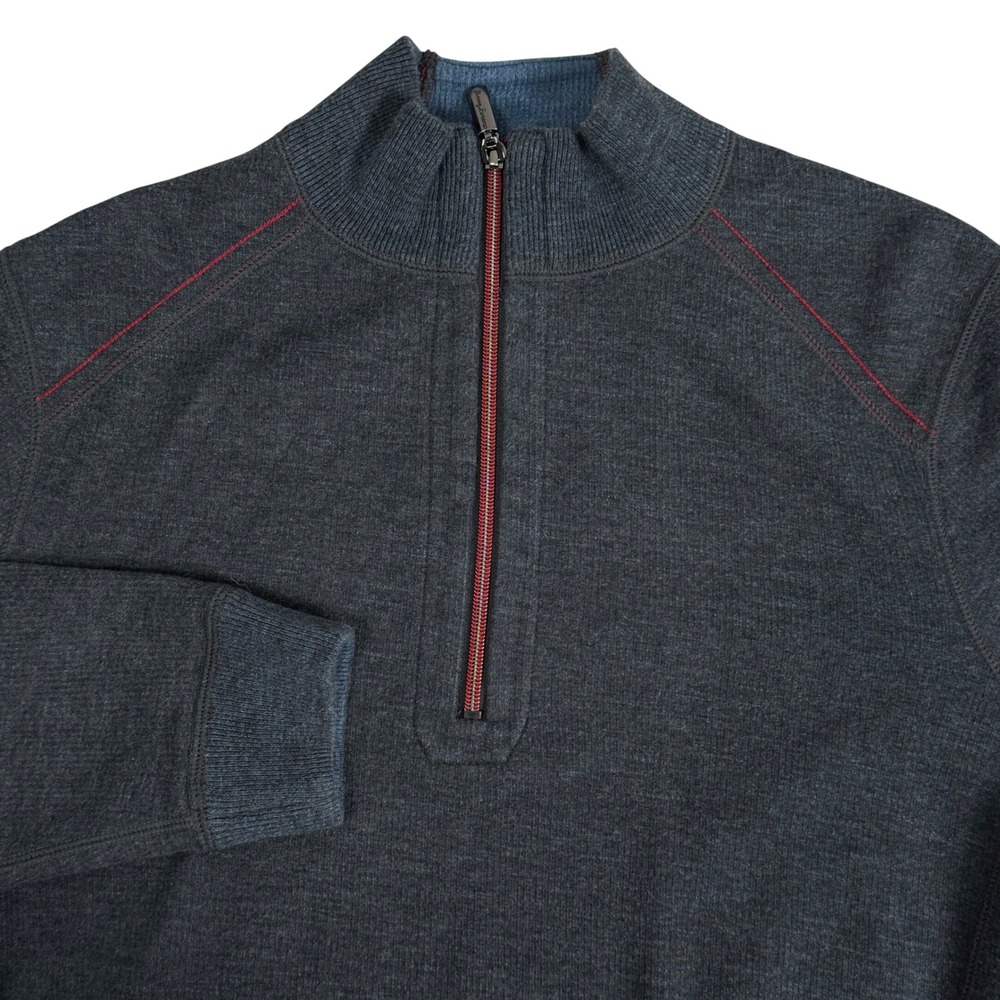 Tommy Bahama Reversible 1/4 Zip Pullover Blue Grey Textured Preppy Golf Mens L